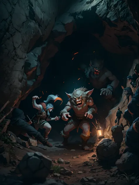 a group of adventurers fighting an evil troll in front of a dark cave mouth, beautiful shadow and lighting, masterpiece, absurdes, 4k