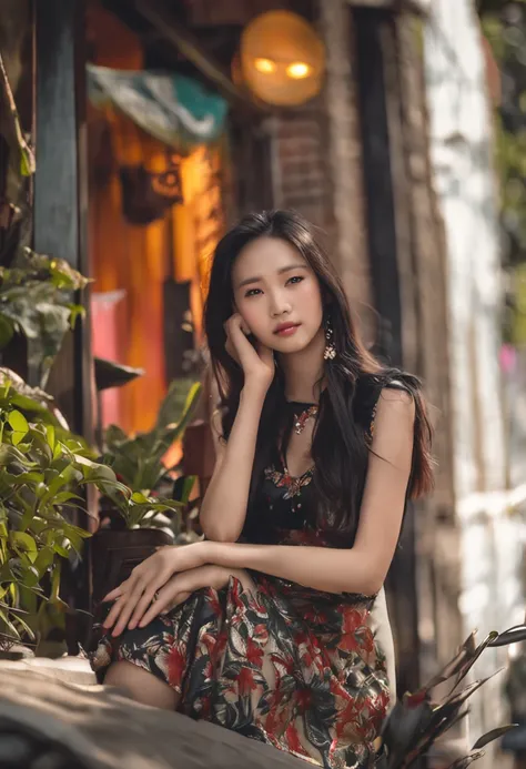 a stunning East Asian girl gracefully seated in a stylish mini skirt