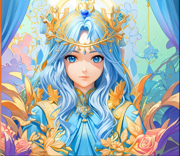 Close-up of a blue-haired woman wearing a crown, Detailed digital anime art, Anime fantasy illustration, Anime goddess, a beautiful fantasy empress, detailed anime art, intricate ornate anime cgi style, ((a beautiful fantasy empress)), Detailed anime artwo...