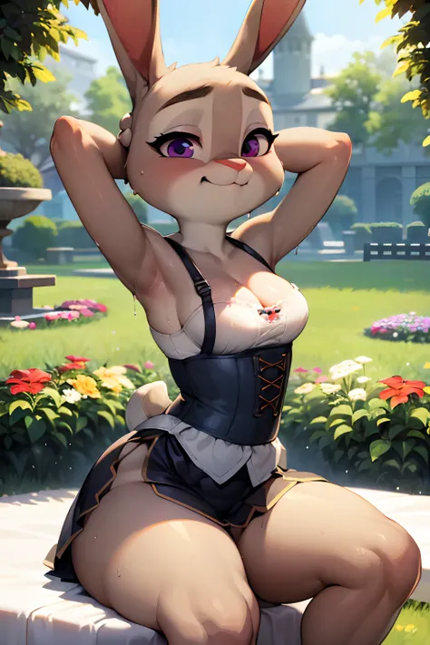 Traditional german dress, dirndl, traditional bavarian attire, tranquil garden, solitary girl, Judy Hopps, adorable face, cute expression, perfect anatomy, beautiful scenery, detailed face, legs up, under the skirt, visible genital, wet clothes, wet pantie...