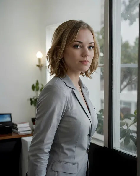 Photo of yvonne strahovski in a womans business suit as the President of the United States looking out of the window in the Oval Office, solo, blue eyes, reverse bob haircut, hyper detailed, looking at viewer, hourglass body, muscular, voluptuous, warm atm...