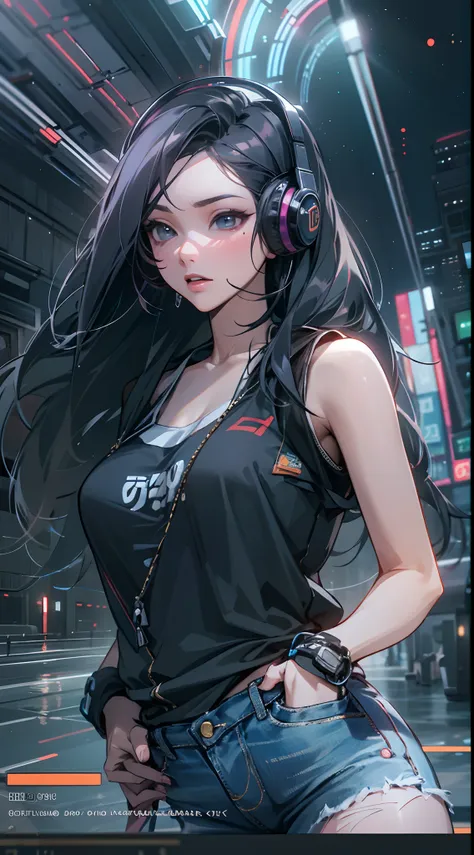 （（best qualtiy））， （（tmasterpiece））， （A detailed：1.4），（（full bodyesbian）），Enhanced dynamic perspective，Beautiful sexy esports girl，夏天，vests，denim short，athletic sneakers，with headphones on，Hold the keyboard，Come to me，Future sci-fi city street，Street photog...