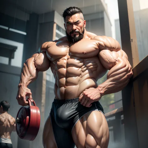 Chinese bodybuilding muscle man 60 years old，standing in the rain，The crotch is raised，Ruddy complexion，Some excitement due to ，lbeard，Thick legs，chest muscle