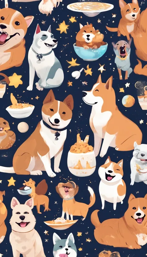 three difference breed of dogs on a planet in the space with happy face, light theme, shiba inu included