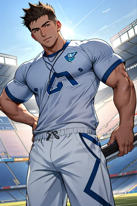 Draw a full-fledged athlete，Stand on the central field of the gym，He wears high-end sportswear，The man looks confident and determined，rays of sunshine，cheerful big breasts，Handsome，Crew cut，full bodyesbian，shooting from below，