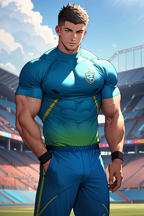 Draw a full-fledged athlete，Stand on the central field of the gym，He wears high-end sportswear，The man looks confident and determined，rays of sunshine，cheerful big breasts，Handsome，Crew cut，full bodyesbian，shooting from below，