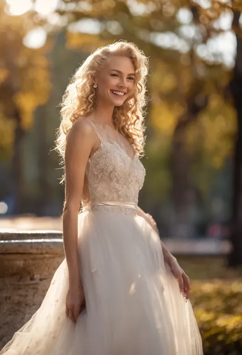 "Young blonde woman with curly blonde hair, grand sourire, Flawless face, perfection, An elegant woman in a beautiful wedding dress, Detailed model, brumeux, 300mm, f/2.8, 4k, plan large portrait, Park background, volumeric lighting, photographie artistiqu...