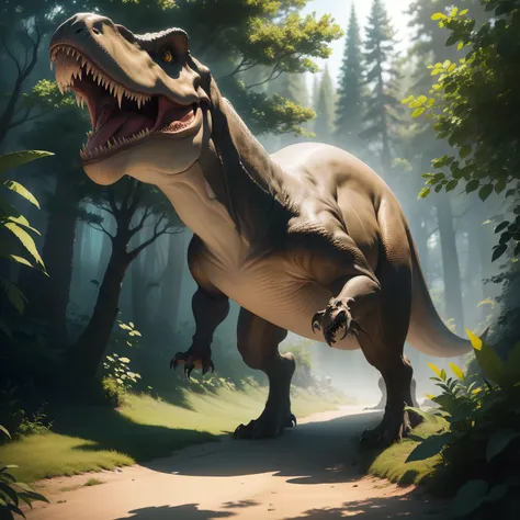 "a highly detailed and realistic illustration of a majestic tyrannosaurus in its natural habitat, with vibrant colors, lifelike ...