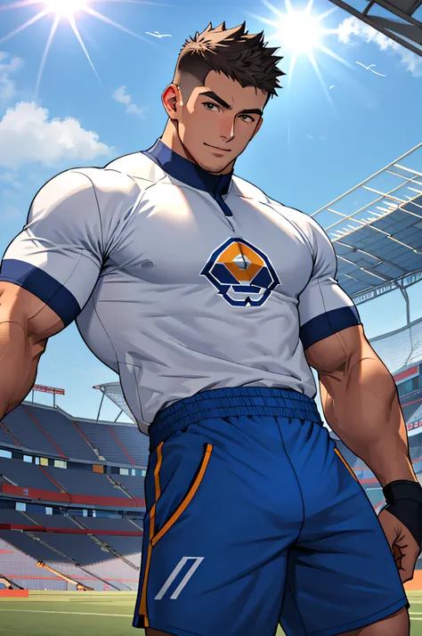 Draw a full-fledged athlete，Stand on the central field of the gym，He wears high-end sportswear，The man looks confident and determined，rays of sunshine，cheerful big breasts，Handsome，Crew cut，full bodyesbian，shooting from below，