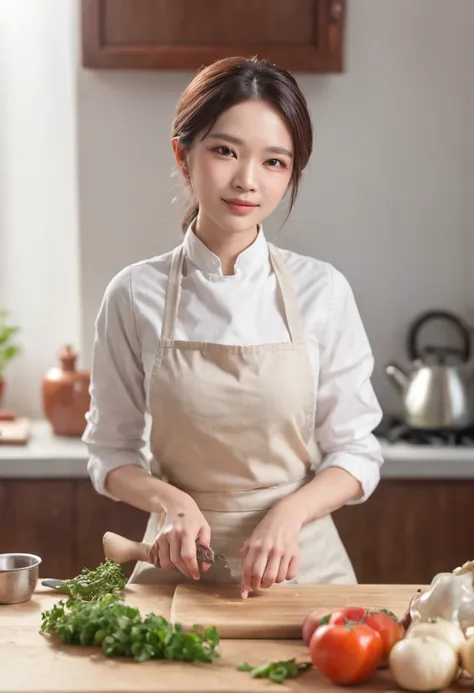 kitchin、a woman is cooking、White vest、White Apron、long trousers、Hold the pot with your left hand、touch your head with your right hand、Background windows let in light、Sunnyday、Background Kitchen Water Practice、Fluency、small tit、Cute smile、horse tails、Bright...