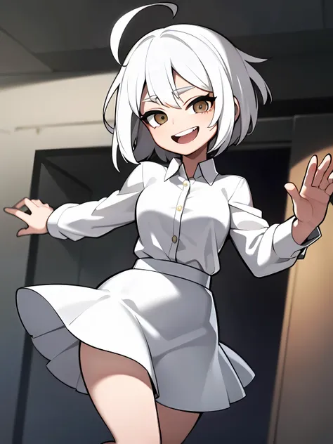 (masterpiece, best quality)), (1girl), (solo), (female focus), (ahoge, white hair, short hair), black eyes, light smile, open mouth, ((white shirt), (buttoned shirt ), (Button gaps)), ((whiteskirt), (short skirt)), standing on your feet, Cartoon Backgroun...