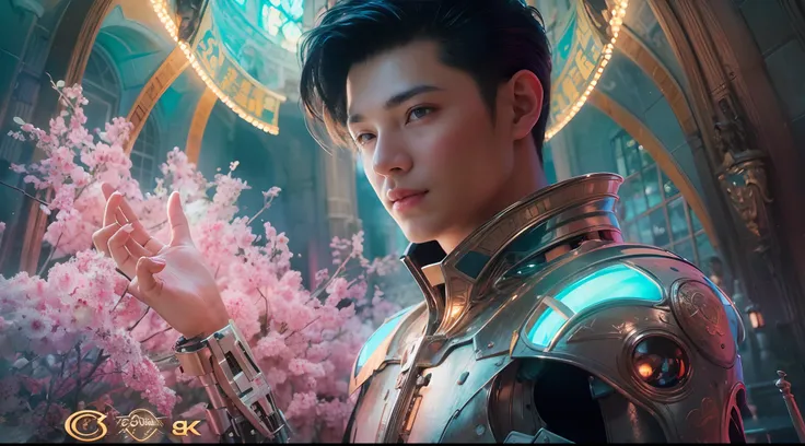 1boy, photo of very very handsome suave smiling young 25-year-old male Chinese prince, clothed in futuristic cybernetic armor, wearing a large futuristic crown, walking in an ethereal enchanted forest with neon glowing flowers and a rainbow in the sky, sci...