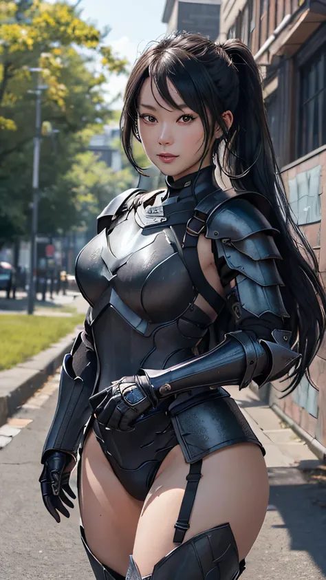 (((Black Steel Armor)))、Poses in motion、Female goblin in black steel and backpack, Beautiful, facing front, Halfling proportions, Perfect, clean line drawings、​masterpiece, top-quality, hightquality, hight resolution、Raw foto、hyperdetailed photo、(natural s...