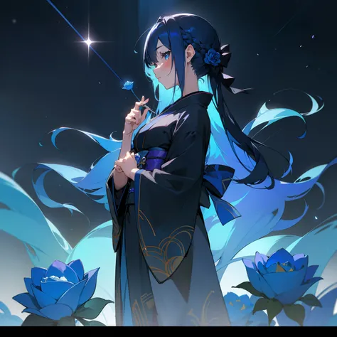 (Beautifully Aesthetic:1.2)、(1girl in:1.3)、(Black and blue colorful hair:1.2)、Wearing colorful blue and black kimono、Many blue roses are blooming、miracle、God bless、Eau、natta、starrysky、Beautiful fece、