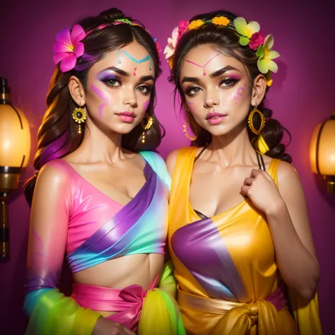 {{{cute mrunalt}}}  with a flower crown and neon makeup, ultraviolet and neon colors, day - glow facepaint, day - glow face paint, glowing with colored light, color glow, glowing rainbow face, colorful glow, glowing face, neon face paint, fluorescent skin,...