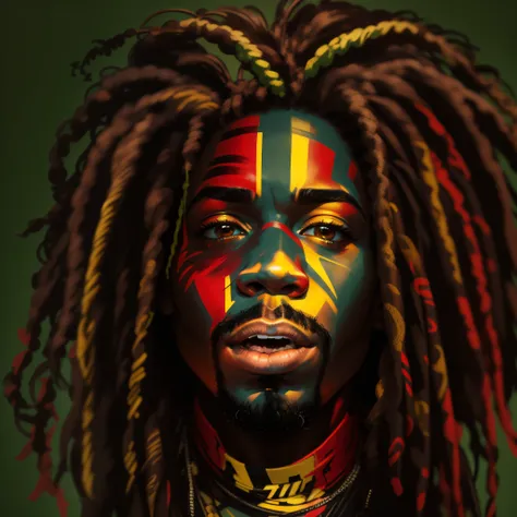 Create a logo with the head of a black man with dreadlocks in black colors, verde, amarelo e vermelho (olhando para a frente) , imagem estilo logomarca , Sober, (fundo preto), Image with resolution of at least 300dpi, UHD 8k, Very high quality for excellen...