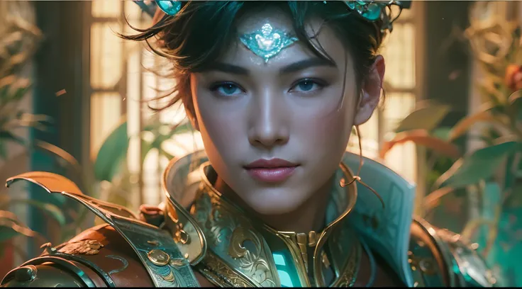 1boy, photo of very very handsome suave smiling young 25-year-old male Chinese prince, clothed in futuristic cybernetic armor, wearing a large futuristic crown, walking in an ethereal enchanted forest with neon glowing flowers and a rainbow in the sky, sci...