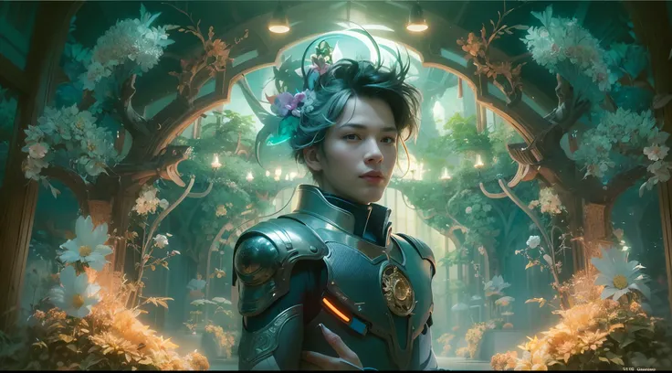 1boy, photo of very very handsome suave smiling young 25-year-old male Chinese prince, clothed in futuristic cybernetic armor, wearing a large futuristic crown, walking in an ethereal enchanted forest with neon glowing flowers and a rainbow in the sky, sci...