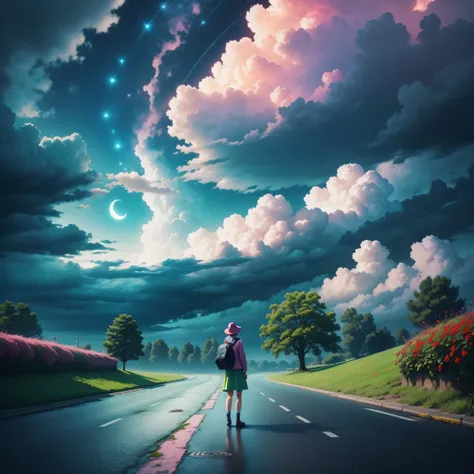 Imagination, Person Thinking, Green and Pink Clouds, Blue Sky, Wet Asphalt, Storm, Red Flowers, Green Grass, Butterflies, Moon, Stars,