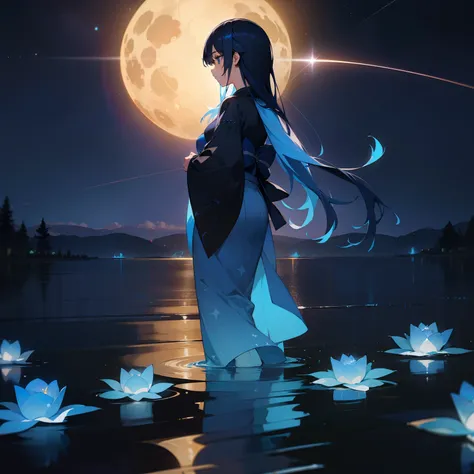 beautiful night、In the sparkling starry sky、One girl stood。Her hair is a colorful shade of black and blue.、It was like a star in the night sky.。The same goes for the kimono she wears.、It is woven in colorful blue and black.、The beauty was as if God had ble...