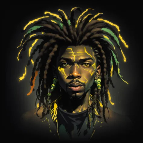 Create a logo with the head of a black man with dreadlocks in black colors, verde, amarelo e vermelho (olhando para a frente) , imagem estilo logomarca , Sober, (fundo preto), Image with resolution of at least 300dpi, UHD 8k, Very high quality for excellen...