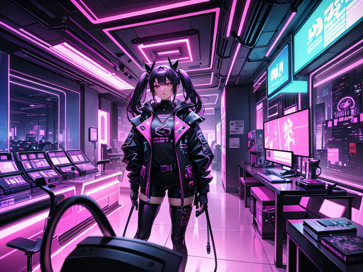 "Vibrant cyberpunk playroom with immersive purple-pink neon lights, Creating a futuristic atmosphere for intense, action-packed gameplay scenes."