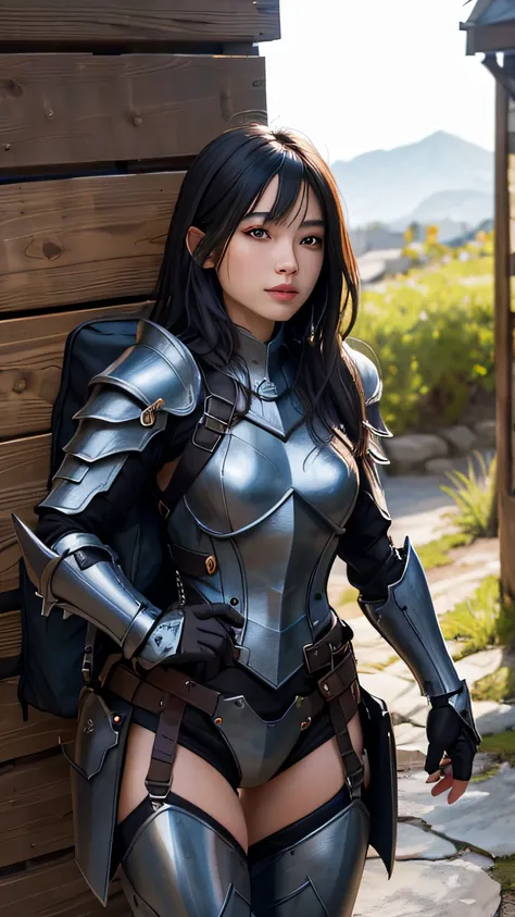 Female goblin in leather armor and backpack in dungeon, Beautiful, facing front, Halfling proportions, Perfect, clean line drawings、​masterpiece, top-quality, hightquality, hight resolution、Raw foto、hyperdetailed photo、(natural skin textures、Detailed skin、...