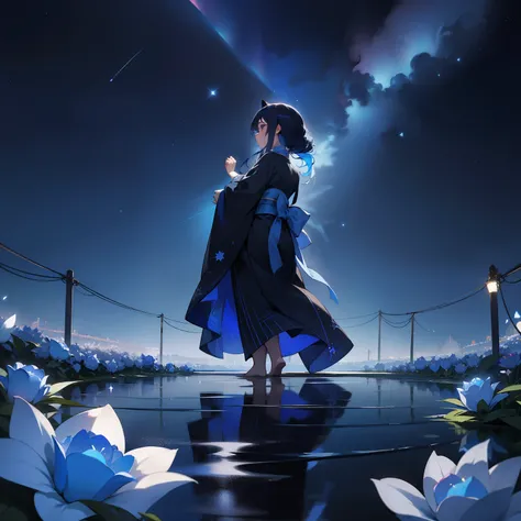 beautiful night、In the sparkling starry sky、One girl stood。Her hair is a colorful shade of black and blue.、It was like a star in the night sky.。The same goes for the kimono she wears.、It is woven in colorful blue and black.、The beauty was as if God had ble...