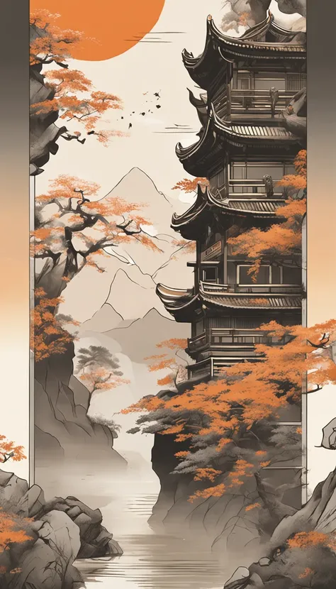 An idyllic Chinese mural, Light orange and light gray style, Layered landscape, japanese style art, monumental murals, Ricoh FF-9D, Golden Age aesthetics, Exotic landscape