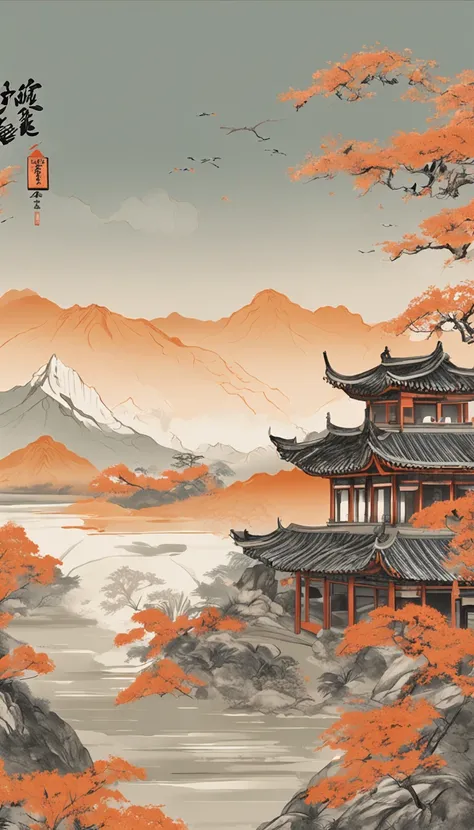 An idyllic Chinese mural, Light orange and light gray style, Layered landscape, japanese style art, monumental murals, Ricoh FF-9D, Golden Age aesthetics, Exotic landscape