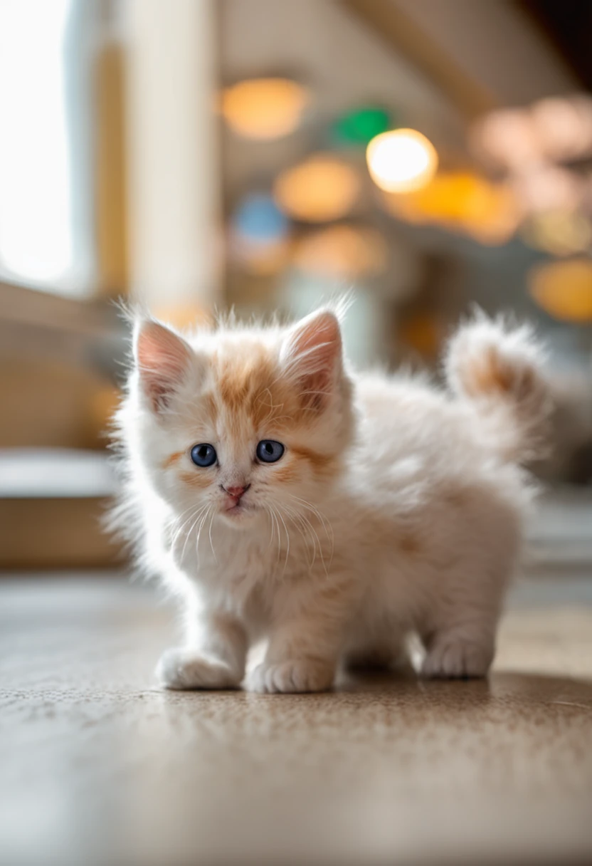 The kitten was named "hairball"，This is a very cute little animal。Its fur is soft and delicate，Presents distinctive orange and white spots，Make it look like a full-fledged hairball。Its eyes are bright and twinkle，One blue and one yellow，Cant resist its pam...