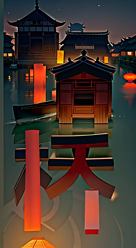 There is a small boat going down the river, zhouzhuang ancient town, dreamy Chinese towns, In the evening, tea drinking and paper lanterns, evening lanterns, by Ni Yuanlu, at the waterside, early evening, Chinese village, qiangshu, building along a river, ...