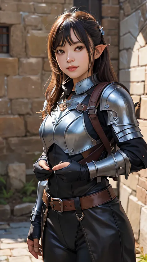 Female goblin in leather armor and backpack in dungeon, Beautiful, facing front, Halfling proportions, Perfect, clean line drawings、​masterpiece, top-quality, hightquality, hight resolution