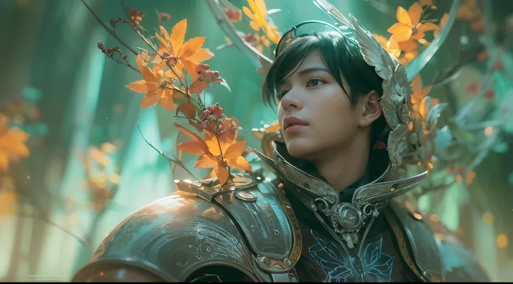 1boy, photo of very very handsome suave smiling young 25-year-old male Chinese prince, clothed in futuristic cybernetic armor, wearing a large futuristic crown, walking in an ethereal enchanted forest with neon glowing flowers and a rainbow in the sky, sci...