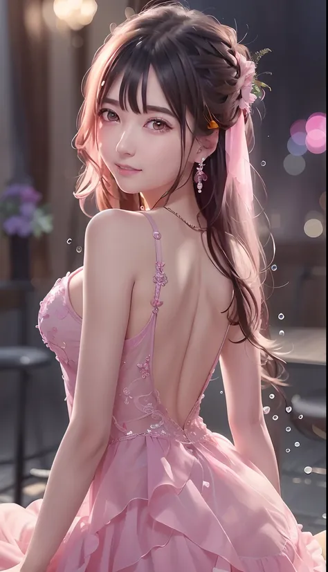 Close-up of a woman in a pink dress sitting on windowsill, cute elegant pose, beautiful and seductive anime woman, Beautiful anime girl, Beautiful anime woman, Pink dress, wearing a pink dress, seductive anime girls, cute anime waifu in a nice dress, attra...