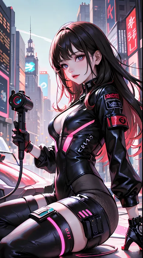 Cyberpunk, masutepiece, Hot、Wearing cyberpunk military uniforms、High quality, cinematric light, Cinema Shadow, Sharp Image, Extremely detailed, Volumetric, Bright sprites, particles effect, beautiful effects, Vivid colors, neons, Neon light, Highly detaile...