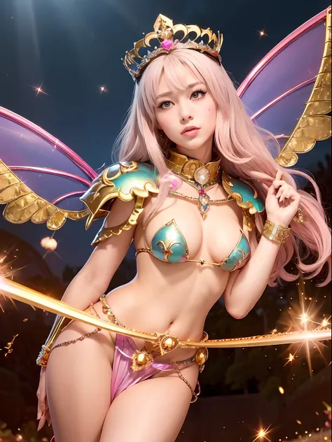 (masutepiece), Professional , ​masterpiece、top-quality、photos realistic , depth of fields （Gemstone Silver Metal Body:1.９),(Matte Pink、Jewel Gold Weapon、（Gorgeous castle background）、（ultimate beauty girl）、（Rainbow fairy wings grow）、Particles of light、（Irid...