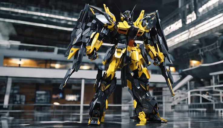 The picture shows black and yellow Gundam。, The style in the intersecting plane is highly realistic, grandeur of scale, Playful and complex, Glassy translucent, posing elegantly, super detailing, Maxon Cinema 4D, High detail, 32k --s 1000 --varnish --AR 9:...