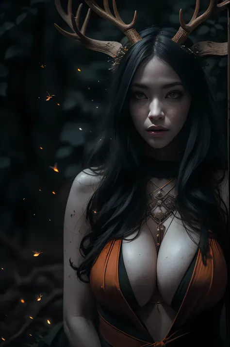 (full face), (очень Dетализированные обои CG unity 8k), (beste-Qualit), (best illustrations), (best shadows), (Gray gloomy background, Dark Forest. Gloomy and hopeless, Dark dramatic lighting, vignette), Realistic eyes, beatiful face, 1A girl with a perfec...