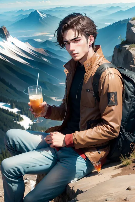 of a guy，Sit and drink on top of the mountain