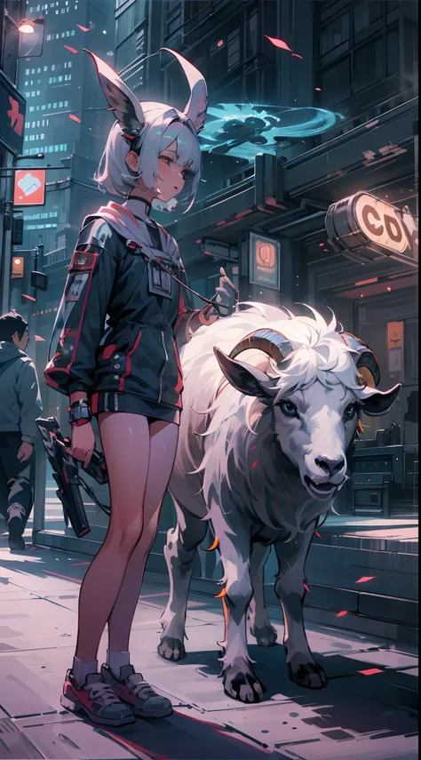 （（best qualtiy））， （（tmasterpiece））， （A detailed：1.4），（（full bodyesbian）），Enhanced dynamic perspective，An evil creature, with goat face，Hold the keyboard，Come to me，Future sci-fi city street，Street photography，Bright colors，dream magical，optic，high qulity，s...