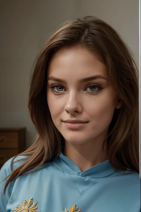 Belle brune aux reflets blonds portant un sweatshirt (dans une chambre), Very detailed, 24 ans, visage innocent, natural wavy hair, yeux bleus, High resolution, masterpiece, Best quality, intricate high detail, highly detailed, mise au point nette, detaile...