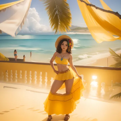 mulher alegre, semblante de felicidade, in the sunny morning, com o mar ao fundo, em um vestido amarelo sentado em uma cadeira de metal gigante, usando um vestido havaiano, Moana, Ilha Grande, posando em waikiki, Obra-prima maravilhosa, com tridente e coro...