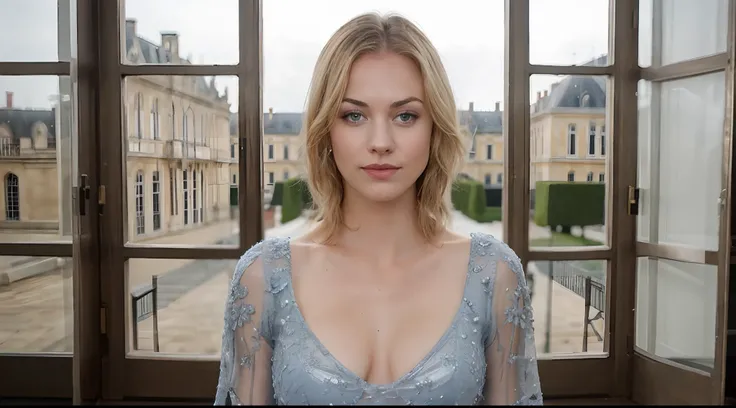 Photo of yvonne strahovski in a semi transparent gown posing for French Fashion in the Chateau of Versailles next to a window, solo, blue eyes, bob haircut, shiny skin, hyper detailed, looking at viewer, hourglass body, voluptuous body, muscular body, phot...