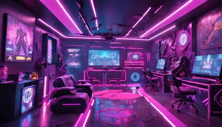 "Vibrant cyberpunk playroom with immersive purple-pink neon lights, Creating a futuristic atmosphere for intense, action-packed gameplay scenes."