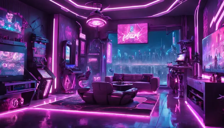 "Vibrant cyberpunk playroom with immersive purple-pink neon lights, Creating a futuristic atmosphere for intense, action-packed gameplay scenes."