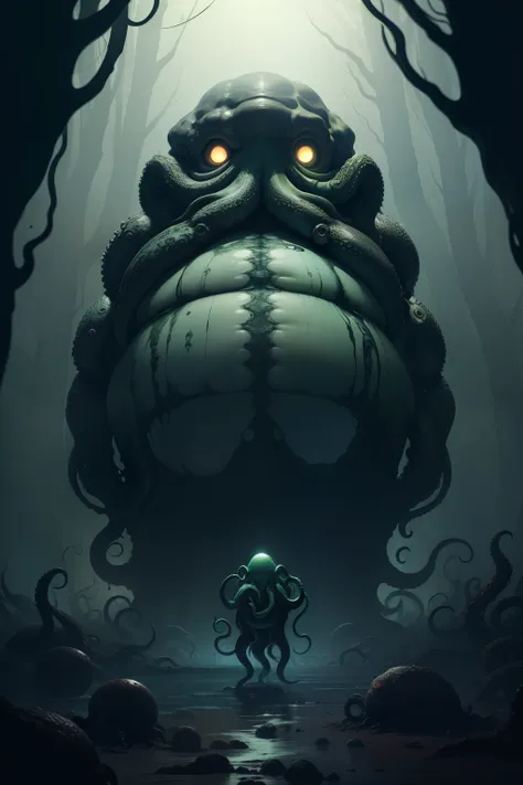 cthulhu,monster,(tentaculata:1.25),(bloated body:1.25),the abyss is huge,buck teeth，fujiman，twisted torso，crawling，wriggle，dark ...