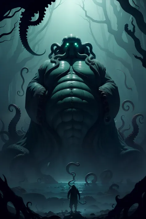 cthulhu,monster,(tentaculata:1.25),(bloated body:1.25),the abyss is huge,buck teeth，fujiman，twisted torso，crawling，wriggle，dark ...