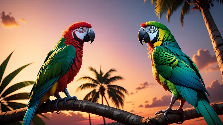 a vibrant parrot perched on a tropical tree with a sunset behind it