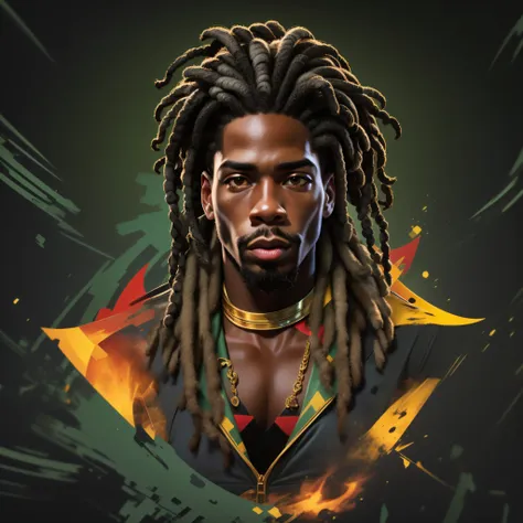 create a logo with the head of a black man with dreadlocks in black colors, verde, amarelo e vermelho (olhando para a frente) , ...